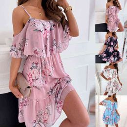 Summer Dress Women 2022 Ruffles Chiffon Beach Floral Print Dress Sexy Spaghetti Strap Fashion Party Elegant Dresses for Women G220510