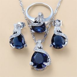 925 Mark Water Drop Jewellery Set Wedding-Engagement Accessories For Women Blue Zirconia Stud Earrings And Necklace Ring Sets 220726