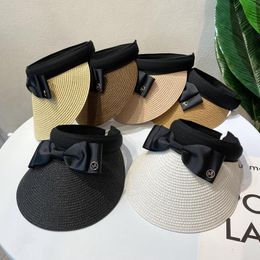 Wide Brim Hats Summer Sun Hat Ladies Fashion Girls Double Bow Beach Casual Paper Empty Top Panama Sunshade Harajuku HatWide