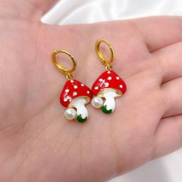 Hoop & Huggie Pearl Mushroom Earrings Red Enamel Charms Gold Aros Mujer Huggies Dangle Trendy JewelryHoop
