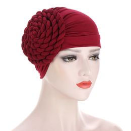 Spring Muslim New Fashion Girl Side Big Pan Flower Monochrome Turban Hat Milk Silk Indian Practical Turban Hat