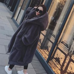 2022 Winter Faux Fur Long Coat Women Thick Warm Fluffy Oversized Hooded Coats Overcoat Female Loose Plush Fur Jackets Outerwear