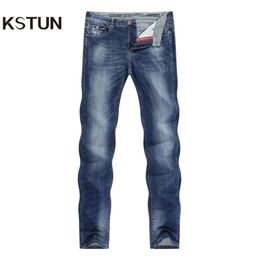 KSTUN Jeans Men Stretch Summer Blue Business Casual Slim Straight Jeans Fashion Denim Pants Male Trousers Regular Fit Large Size T200614