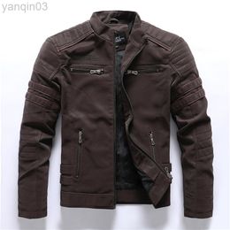Men Trend Plus Fleece Leather Winter Casual Fashion Leather Jacket Short Korean Men Motorcycle Clothing Leather Jacket Tij L220801