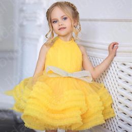 Girl's Dresses Yellow Baby Wear Flower Girls Mini Length Kids Party Gowns Halter Neck Formal Tiered Skirt BowGirl's