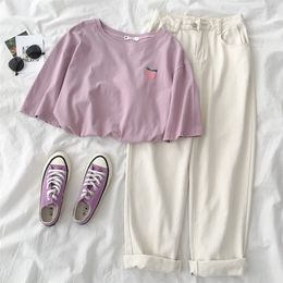 Summer Casual 2 Piece Set Women 2019 Casual Solid Pant Set Two Pieces Set Suit Purple Peach T shirt White Pants Matching Sets T200702