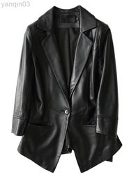 Nerazzurri Autumn Black Slim Leather Blazer Women Sleeve Spring Elegant Luxury Fitted Soft Light Faux Leather Jacket 2022 L220801