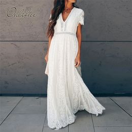 Ordifree Summer Women Maxi Tunic Dress Short Sleeve White Lace Long Beach Dress Vocation Holiday Clothes T200319