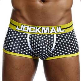 JOCKMAIL Male Panties Breathable Boxers Cotton Mesh Men Underwear U convex pouch Sexy Underpants Printed leaves Homewear Shorts 220423