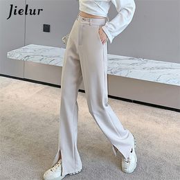 Jielur Fashion Black Trousers Suits Spring XS-2XL High Waist Casual Women's Pants Wide Leg Split Workwear Formal Zipper 220325