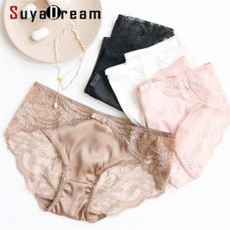 SuyaDream 2pcs/lot Women Panties 100%Natural Silk Lining Sexy Lace Briefs Health Everyday wear Intimates Pink White 220512