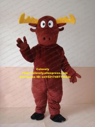 Mascot doll costume Lovely Red Brown Alces Elk Moose Deer Cerf Mascot Costume With Big Yellow Antler Mascotte Adult Fancy Dress No.147 Free