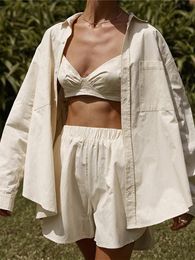 Women's Tracksuits Striped Tracksuit Women Summer Clothing Set Long Sleeve Blouse Top Bra Vest Mini Shorts Sets Female Casual 3 Pieces Suit
