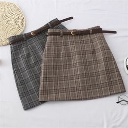 Sonbahar Koreli Kadın Ekose etek Kadınlar Yüksek Bel Aline Etek Kış Vintage Lattice Mini Kısa Kadın Khaki Gray 210306