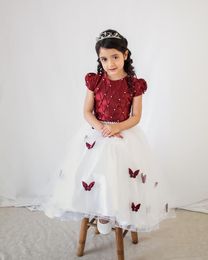 Beautiful Lovely Burgundy Ball Gown Flower Girls Dresses For Wedding Jewel Neck Applique Beads Pearls Ankle Length Bow First Communion Birthday Dress