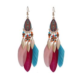 Feather Tassel Dangle Earrings For Women Bohemian Colorful Enamel Geometric Long Earrings Beads Handmade Jewelry