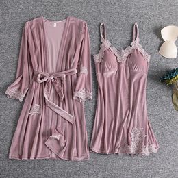 Women's Sleepwear 2PCS Pyjama Suit Velour Lace Nightgown Autumn Sexy V-Neck Sleep Set Floral Nightwear Kimono Robe Gown M-XXL