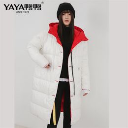 YAYA Women's White Duck Down Jacket Hooded Medium Length Thick Down Coat Waterproof Big Pocket Wear Down Coat on Both Sides 201019