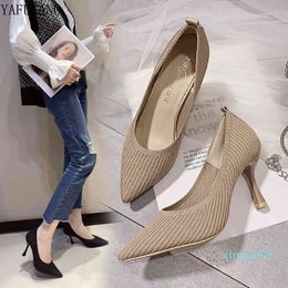 Dress Shoes Fashion Black High Heels Shallow Mouth Women's Professional Work Pointed Toe Stiletto Knitted Single