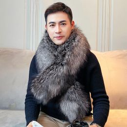 Men's Real Fox Fur Scarf Shawl Winter Warm Neckerchief Collar Silver Black