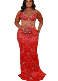 Aso Ebi 2022 Arabic Plus Size Luxurious Red Mermaid Prom Dresses Sheer Neck Sparkly Evening Formal Party Second Reception Birthday Engagement Gowns Dress ZJ476