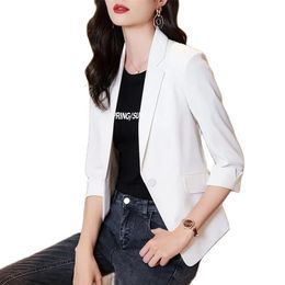 Solid Colour Thin blazer Women ThreeQuarter Sleeve Spring And Summer Slim Short Suit Jacket One Buckle Blousers White 220811