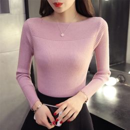 Autumn And Winter Korean women collar sweater all-match long sleeved shirt slim one-neck female thread tight Pullover 201203