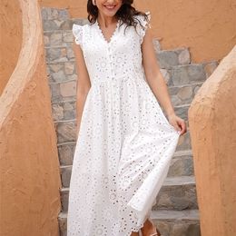 Marwin Long Simple Casual Solid Hollow Out Pure Cotton Holiday Style High Waist Fashion MidCalf Summer Dresses Vestidos 220615