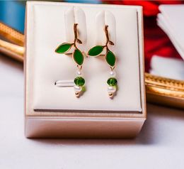 925 silver needle Crystal green leaf Ear Studs Dangle & Chandelier natural Freshwater pearl Earrings white Lady/girl Fashion Jewellery