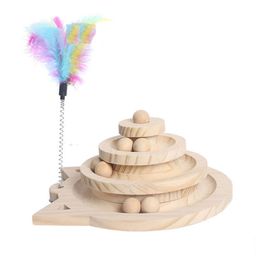 Wooden 2/3 Levels Pet cat Toy Tower Tracks Disc cat Intelligence Amusement Triple Play Disc Cat toys ball Training Toys 220423