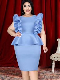 Plus Size Dresses Ruffles Peplum Party Dress Women Blue Package Hip O Neck Zipper Bodycon Slim High Waist Midi Length Evening Christmas