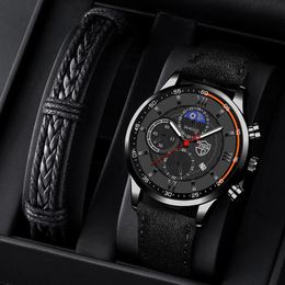 Fashion Men Sport Watch Stainless Steel Quartz Wristwatch Casual Black Leather Bracelet Man Business Male Luminous Clock Watches