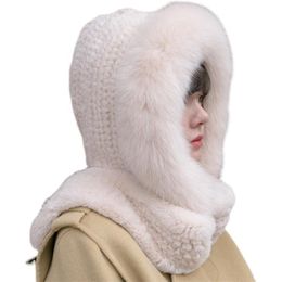 Berets Winter Warm Women Hoodie Real Rex Fur Hat With Trim Long Scarf Earflap Snood Wraps