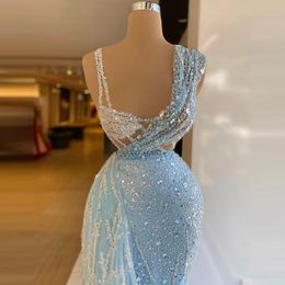 Blue Mermaid Evening Dresses Glitter V Neck Spaghetti Straps Floor Length Train Sleeveless Beaded Appliques Sequins Beads Sexy Prom Dress Vestidos Festa