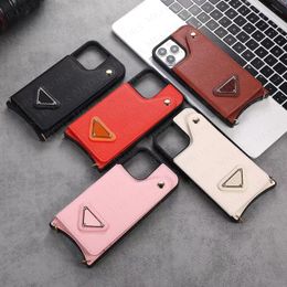 Luxury Triangle Letter Phone Cases for iPhone 13 12 11 Pro Max X Xs Xr 8 7 Plus Leather Texture Card Pocket Mirror Fashion Case Cover iPhone13 13pro 12pro with strap