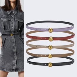 Belts Colours Metal Ball Buckle Waist Belt For Women Solid Cow Leather 1.5CM Slim Corset Strap Jeans Waistband Femme CinturonesBelts