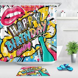 Shower Curtains Funny Birthday Graffiti Curtain With Mat Set Anime Bathroom Extra Long Waterproof Polyester Fabric For Kids Bathtub DecorSho