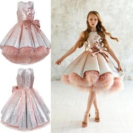Pink Glitter Flower Short Girl Dresses Birthday Party Gown Sequins Tulle Lace Rufflls Sleeveless High Neck Appliqued Knee Length Custom Made Tailored Wedding