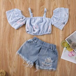 Clothing Sets Summer Baby Cute Kids Girl Off Shoulder Ruffles Floral Printed Crop Tops T-Shirt Ripped Denim Shorts OutfitClothing