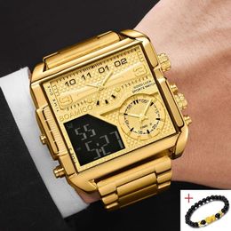 Wristwatches BOAMIGO Sport Square Digital Analogue Big Quartz Watch Top Fashion Gold Stainless Steel Men Watches Male Clock