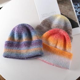 Beanie/Skull Caps Fall And Winter Colour Stripe Knitted Hat For Woman Cute Gradient Ramp 10 Optional Bonnets Hats Warm CapsBeanie/Skull Elob2