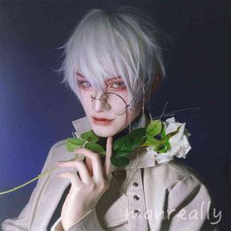 white wig male cosplay NZ - White Silver Wig 12" Short Straight Bangs Synthetic Wigs for Male Men Women Fake Hair Cosplay Anime Party Daily 220622
