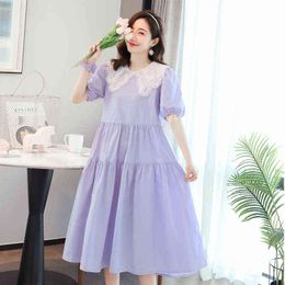 Korean Style Maternity Clothes Summer Loose Pregnant Women Dress Lace Peter Pan Collar Short Sleeves Pregnant Woman Chiffon Dress J220628