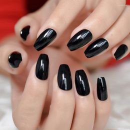 False Nails Medium Black Nail Pure Color Shiny Daily Coffin Atificial Cool Simple Tips Manicure DIY 24pcs Prud22