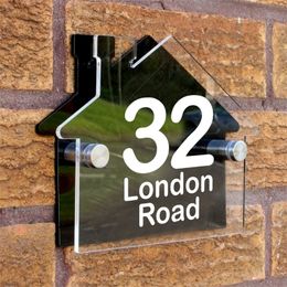 House Shape Arcylic Signs with Customized Door Number Steet Name Address Plaques Classic White and Black Colors 220706