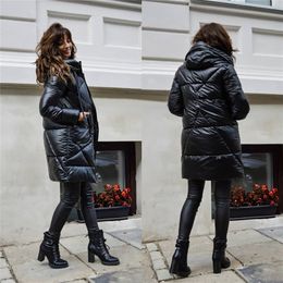 Casual Winter Bubble Coat Women Solid Colour Long Hooded Black Glossy Parkas Clothes Midi Puffer Jackets Female Outwear 201214