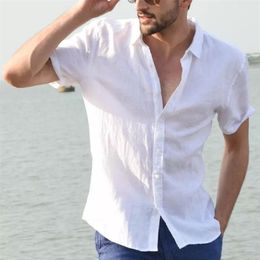 6 Colours Mens Linen Short Sleeve Loose Shirt Turndown Collar Simple Style Plain Colour Top Summer Cloth 220527