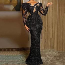 Black Mermaid Prom Dresses Sexy Long Sleeves Appliqued Sequins V Neck Chiffon Satin Floor Length Plus Size Luxury Formal Party Gowns Custom Made