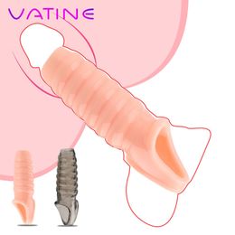 Masajeador de juguetes sexuales silicona reutilizable manga manga ampliadora extensor retraso eyaculación boquilla de lino de anillo para hombres productos para hombres