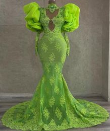 Plus Storlek Arabisk Aso Ebi Green Mermaid Prom Klänningar High Neck Lace Beaded Långärmad kväll Party Andra receptionen Födelsedag Engagemang Gäster Bes121